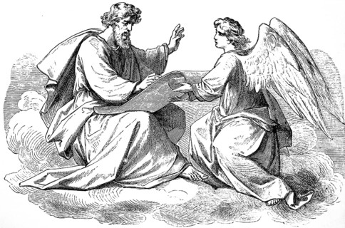 Introductory picture to the Gospel of Matthew, chapter 1, God, angel, scroll, pen, writing, New