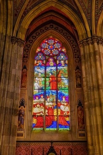 Colourful window in the neo-gothic votive church, Vienna, Austria
