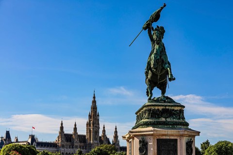 Monument of Archduke Karl, behind it the Town Hall with its neo-Gothic façade, Heldenplatz, Vienna,