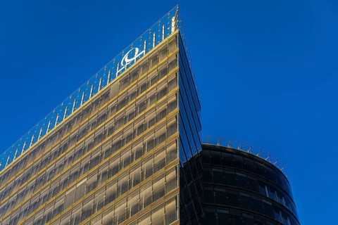 Modern high-rise building on the Danube Canal, near Schwedenplatz, Vienna, Austria
