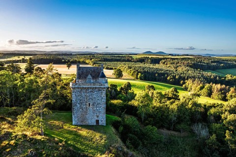 Fatlips Castle from a drone, Minto Crags, River Teviot, Roxburghshire, Scottish Borders, Scotland,