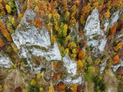 Aerial view, top down view of distinctive rock towers, Weissjura, Jurassic limestone cliffs,