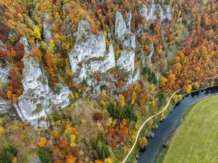 Aerial view of distinctive rock towers, Jurassic limestone cliffs, Weissjura, Jura cliffs,
