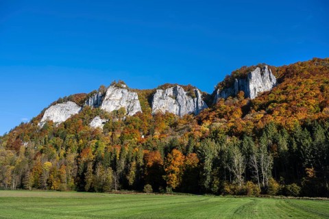 View across the Danube to the distinctive Hausener Zinnen, climbing rocks, Jurassic limestone