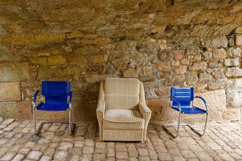 Parked furniture under a bridge arch, Rottenburg am Neckar, Baden-Württemberg, Germany