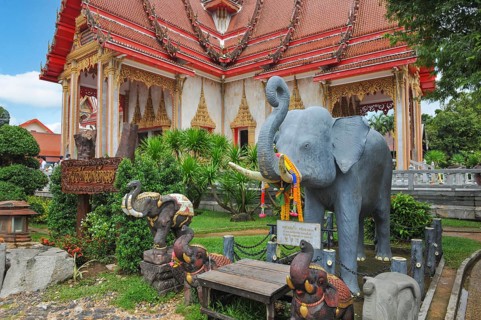 Ritual images Sculptures figures of Indian elephant in front of buildings in Wat Chalong Buddhist