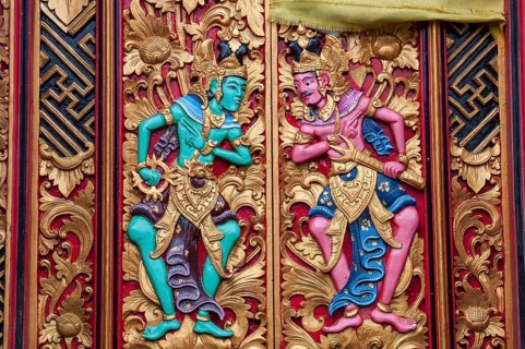 Colourful wood carving temple door in Hindu temple complex Pura Ulun Danu Bratan, Candi Kuning,
