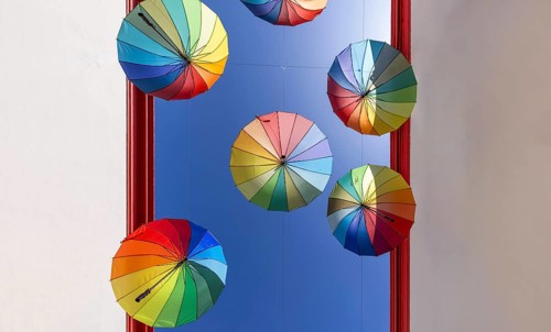Argentina, Buenos Aires, Colourful Umbrella street in San Telmo district known for its boutiques,