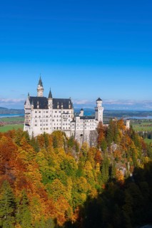 The impressive Neuschwanstein Castle rises above autumn trees against a clear sky, Schwangau,