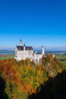 Neuschwanstein Castle towers majestically over autumnal forests against a blue sky, Schwangau,