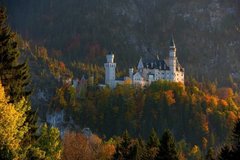 The fairytale castle Neuschwanstein surrounded by colorful autumn forests, in the warm light of