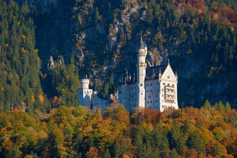 Neuschwanstein Castle surrounded by autumn-colored forests against a dramatic mountain backdrop,