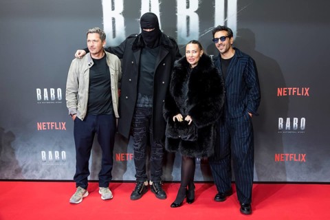 Paco-Luca Nitsche, Aykut Anhan aka Haftbefehl, Nina Anhan and Elyas M'Barek at the premiere of the