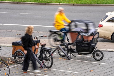 Parking lot for cargo bikes at Düsseldorf-Bilk station, past, North Rhine-Westphalia