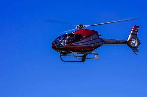A Eurocopter EC 120B Colibri helicopter, D-HALX registration, during a flight demonstration as part
