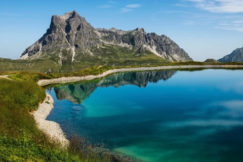Mountain landscape with reservoir and chairlift, Saloberkopf, Widderstein, Warth, Bregenzerwald,