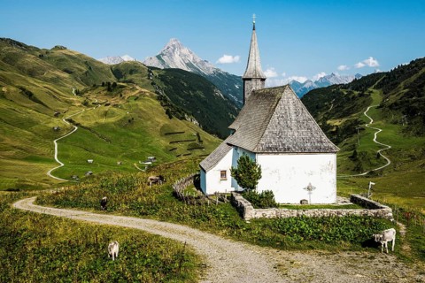 Mountain landscape and chapel, Hochtannberg Pass, Warth, Bregenzerwald, Vorarlberg, Alps, Austria