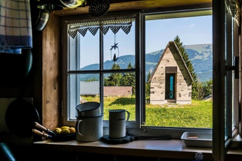 Ancient alpine hut and modern chapel, Alm Enge, Hirschau, Kanisfluh, Bregenzerwald, Vorarlberg,