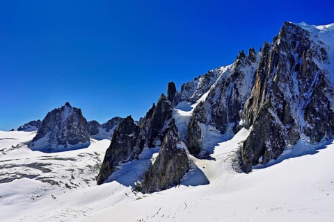 View from the Télécabine Panorama Railway of the Mont Blanc du Tacul mountain, in the foreground