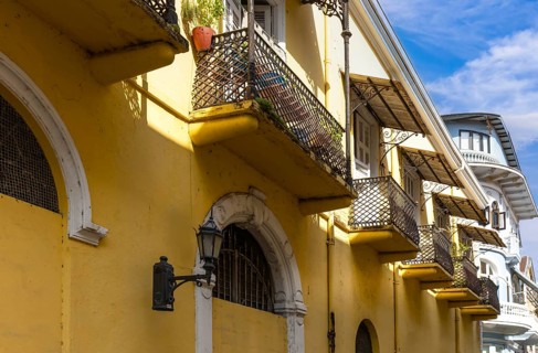 Panama, Panama City historic center Casco Viejo colorful streets and colonial architecture