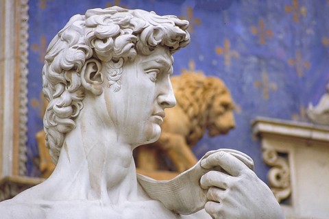 Copy of the David sculpture, detail, original is by the artist Michelangelo Buonarroti, Piazza