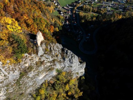 Aerial view of the viewpoint, shovels and Hausen Castle, also known as the Hausen ruins, surrounded
