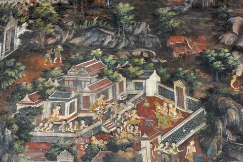 Exquisite wall paintings, interior view of Phra Ubosot or ordination hall, Wat Suthat Thepwararam,