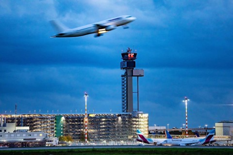 Airplane taking off from Düsseldorf Airport, Air Traffic Control Tower, North Rhine-Westphalia,