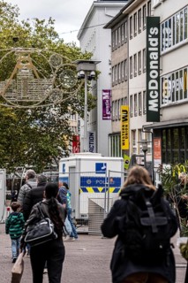 Police video surveillance at the Porsche pulpit, in front of the market church in downtown Essen,
