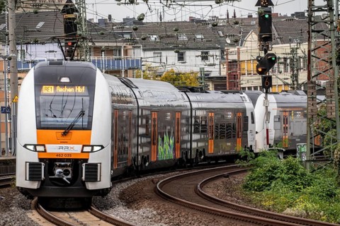 Rhein-Ruhr-Express, RRX train, RE1 on the way to Aachen, from Düsseldorf main station, here near