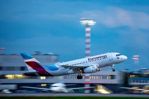 Eurowings Airbus A319 taking off from Düsseldorf Airport, North Rhine-Westphalia, Germany