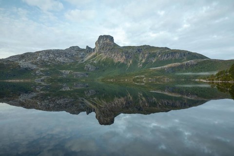 Steigtindvatnet, the majestic Steigtinden reflected in the silent lake, Norway near Bodø