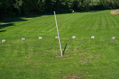 Sundial in a meadow, Landesgartenschau-Park, Kronach, Upper Franconia, Franconia, Bavaria, Germany