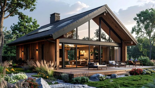 Modern Extension on a Traditional Cottage with Glass and Wood Architecture, green garden with