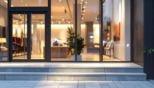 Modern building entrance with stairs, glass facade, and plants in warm evening light, empty