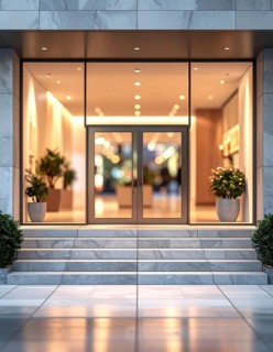 Modern building entrance with stairs, glass facade, and plants in warm evening light, empty