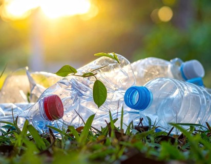 Crushed plastic water bottle waste in a wild landscape, symbol for nature protection, waste