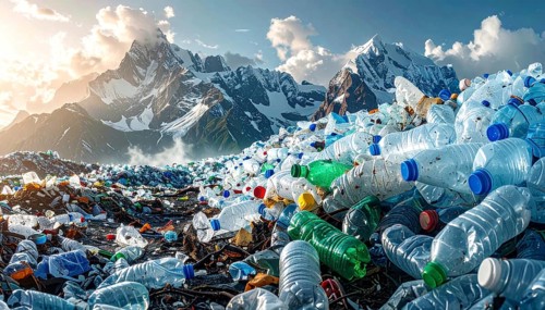 Crushed plastic water bottle waste in a wild landscape, symbol for nature protection, waste