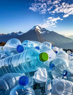 Crushed plastic water bottle waste in a wild landscape, symbol for nature protection, waste