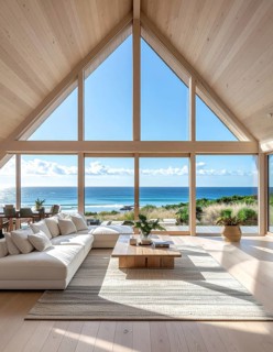 Peaceful A-frame cabin interior with ocean views, real estate lifestyle and travel destination,