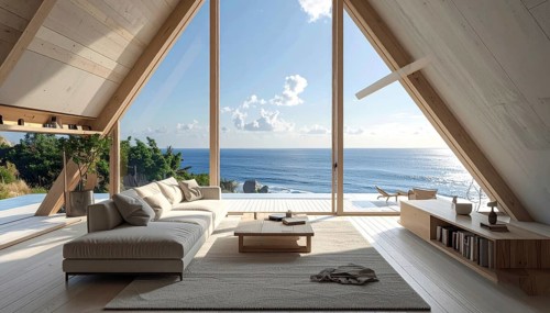 Peaceful A-frame cabin interior with ocean views, real estate lifestyle and travel destination,