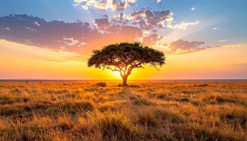 Single acacia tree in the savannah at sunset, solitude in the wild, dry grass in the foreground,