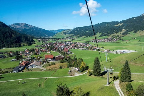 View from the Neunerköpflebahn of Tannheim and the Tannheimer Valley, Allgäu Alps, Tyrol, Austria
