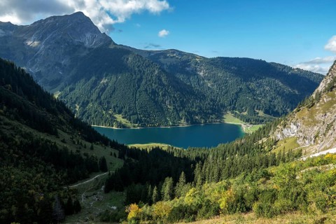 View of Vilsalpsee, Allgäu Alps, Tannheim, Tannheimer Tal, Tyrol, Austria