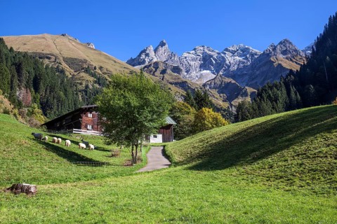 Old farmhouse in Einödsbach, behind Trettachspitze, autumn atmosphere, behind Trettachspitze,
