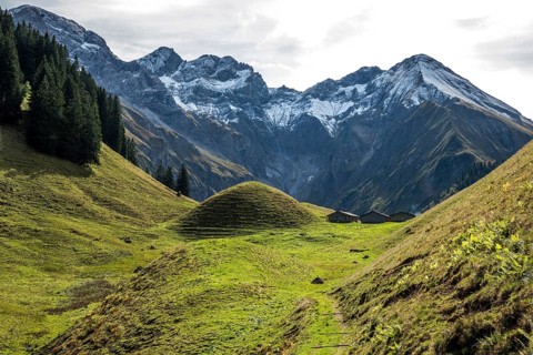 View of Hintere Einödsberg-Alpe, back mountains of the Allgäu Alps with Wilder Mann and