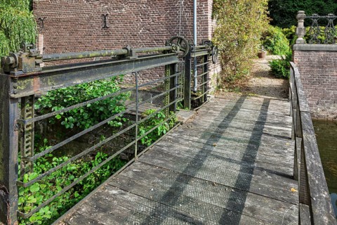 Old wooden bridge with a barrier, North Rhine-Westphalia, Germany