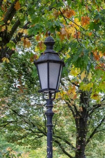 Historic lantern in front of trees with colorful autumn leaves in the park, Münsterland, North