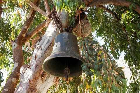 Church bell hangs in a tree in Chora, old town of Naxos, Naxos, Cyclades, Greece