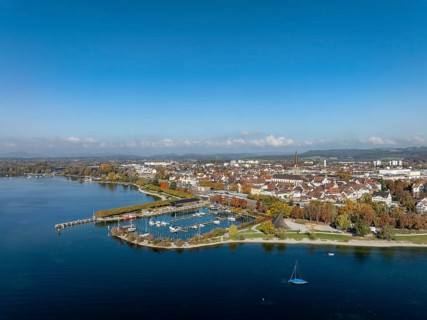 Aerial view of the town of Radolfzell on Lake Constance with the Wäschbruckhafen, harbour pier and